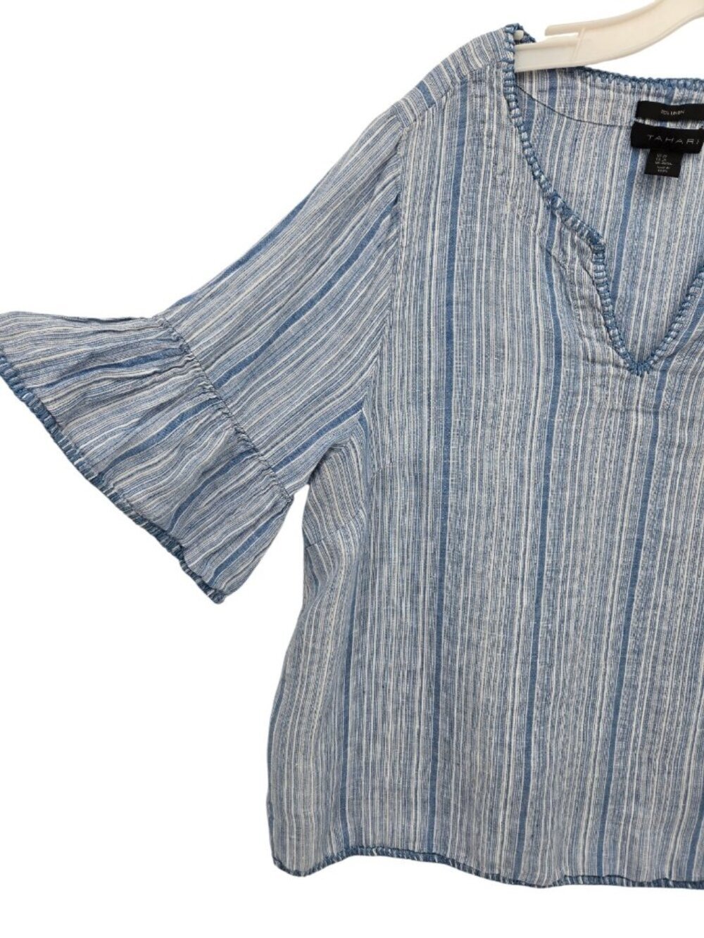 Tahari 100% Linen Top Striped 3/4 Bell Sleeves V Neck 2X Boho Coastal Lagenlook